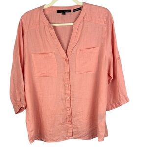Harve Benard 100% Linen Salmon Relaxed Blouse with 3/4 Sleeves & Mandarin Collar